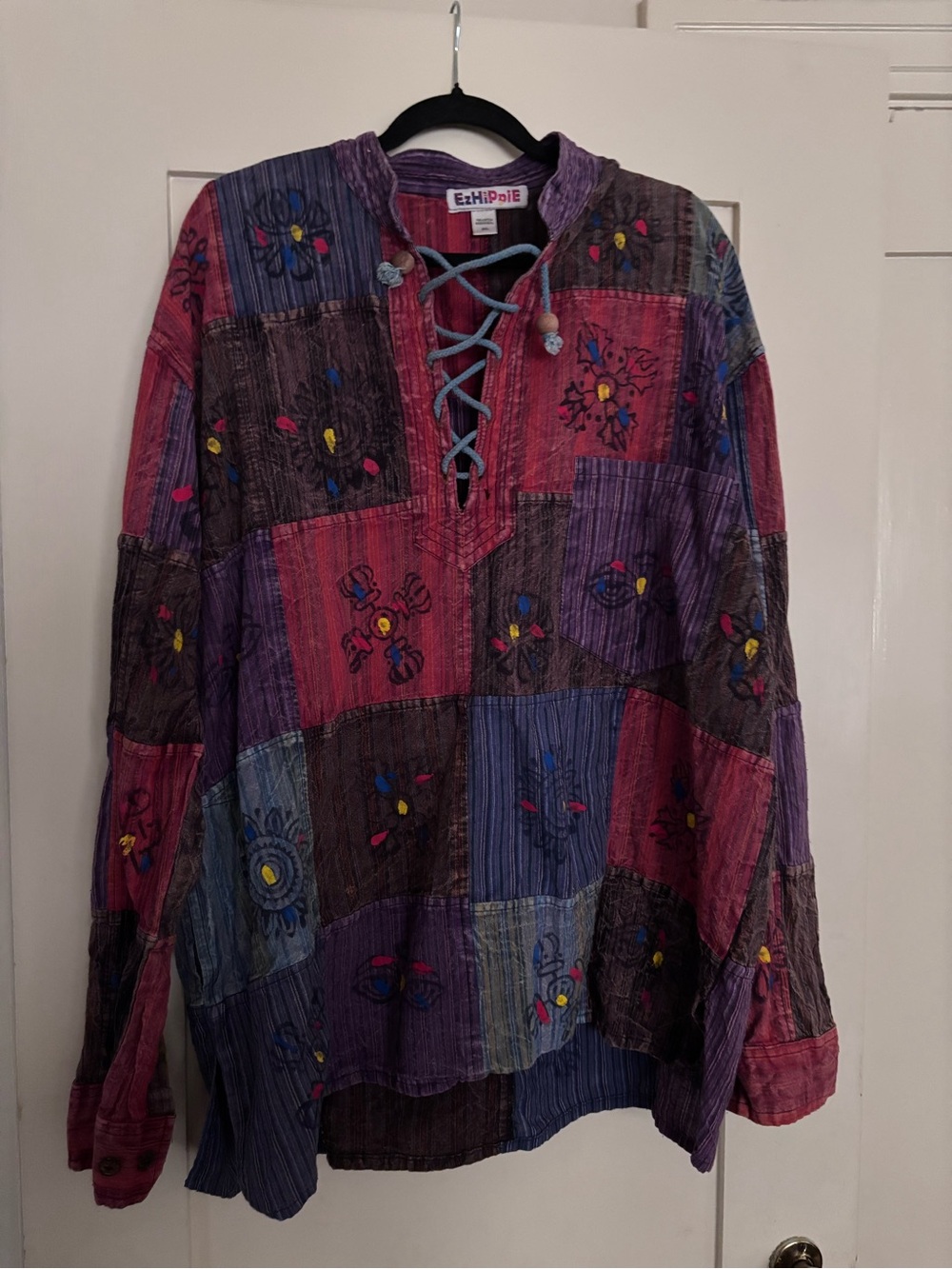 Men’s Purple & Red Patchwork Lace-Up Shirt